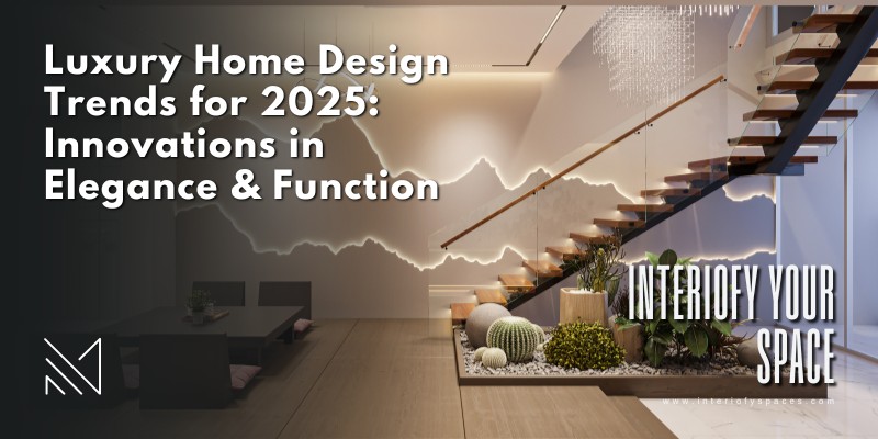 Modern luxury home design with floating staircase, LED-lit wall panel, and biophilic indoor garden – 2025 Dubai interior trends